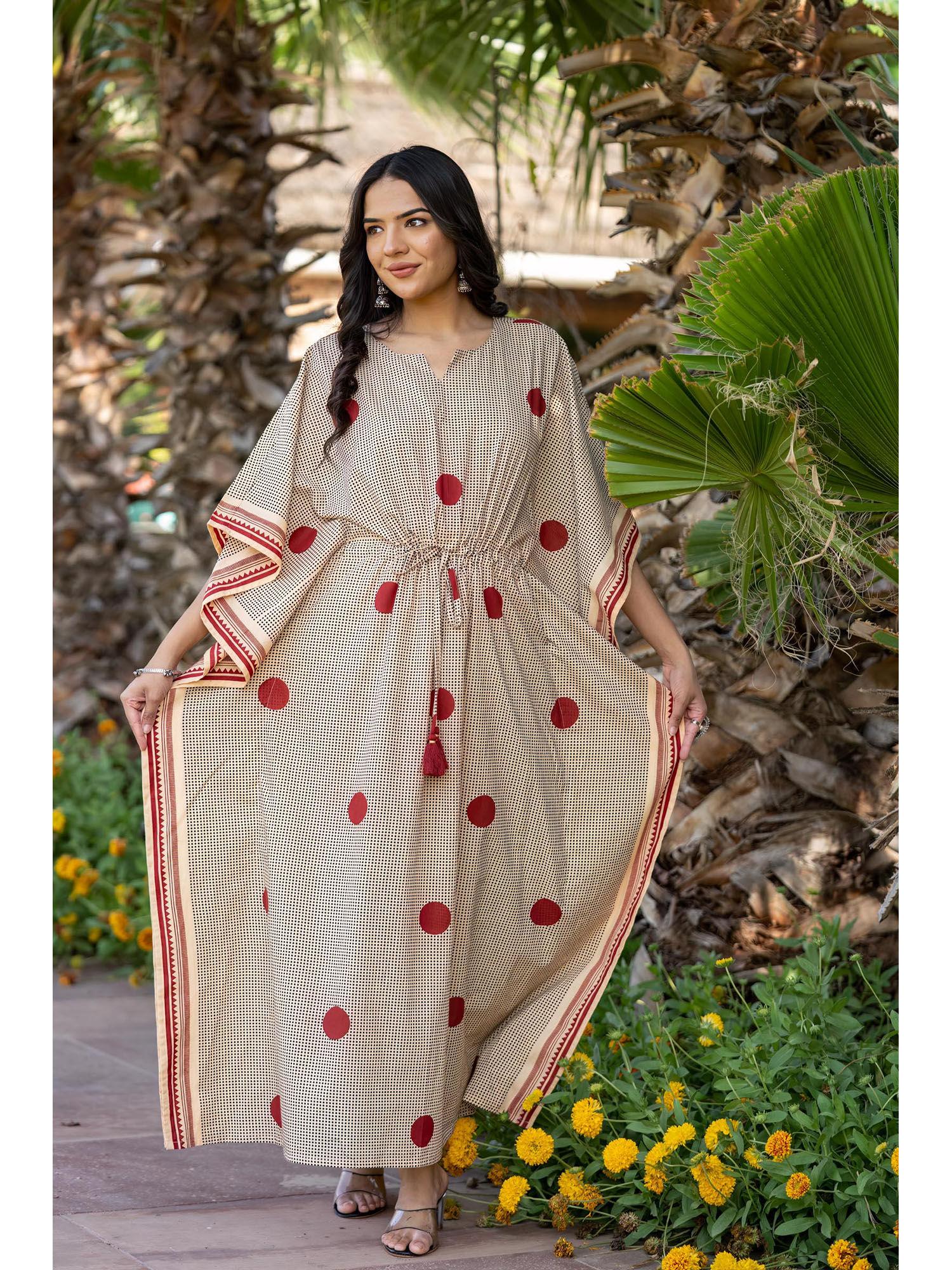 bagru polka dot printed cotton kaftan dress