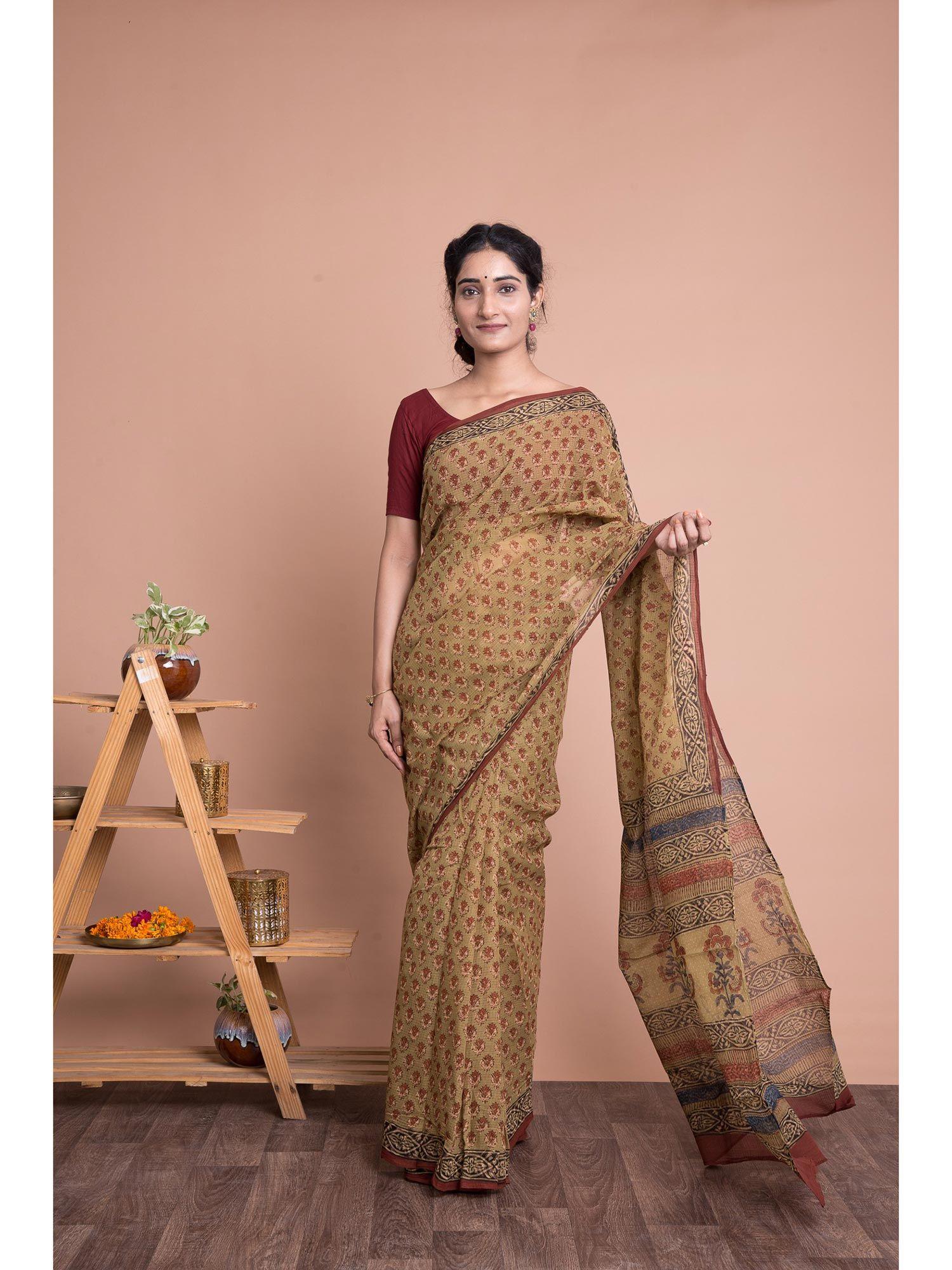 bagru print booti pattern kota doria saree with mulmul cotton unstitched blouse - brown