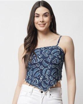 bagru print square-neck crop top with shell embellishment