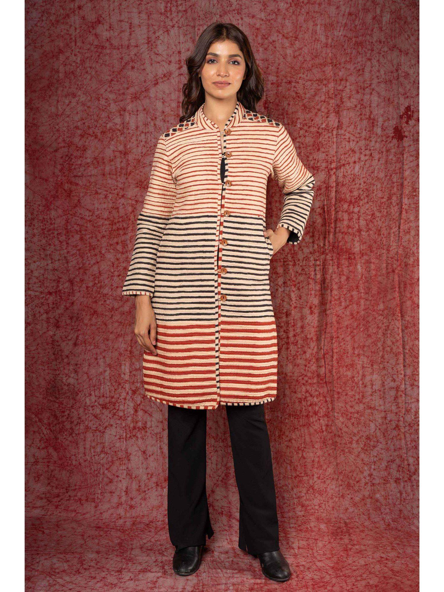 bagru red block printed quilted coat