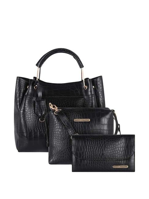 bagsy malone black textured medium tote handbag with sling & wallet