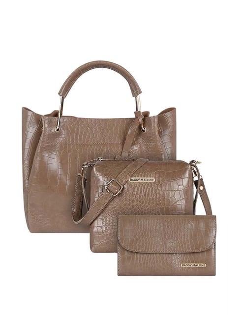 bagsy malone brown textured medium tote handbag with sling & wallet