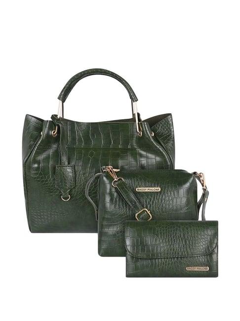 bagsy malone green textured medium tote handbag with sling & wallet