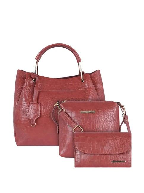 bagsy malone red textured medium tote handbag with sling & wallet