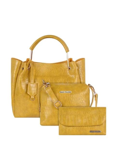 bagsy malone yellow textured medium tote handbag with sling & wallet