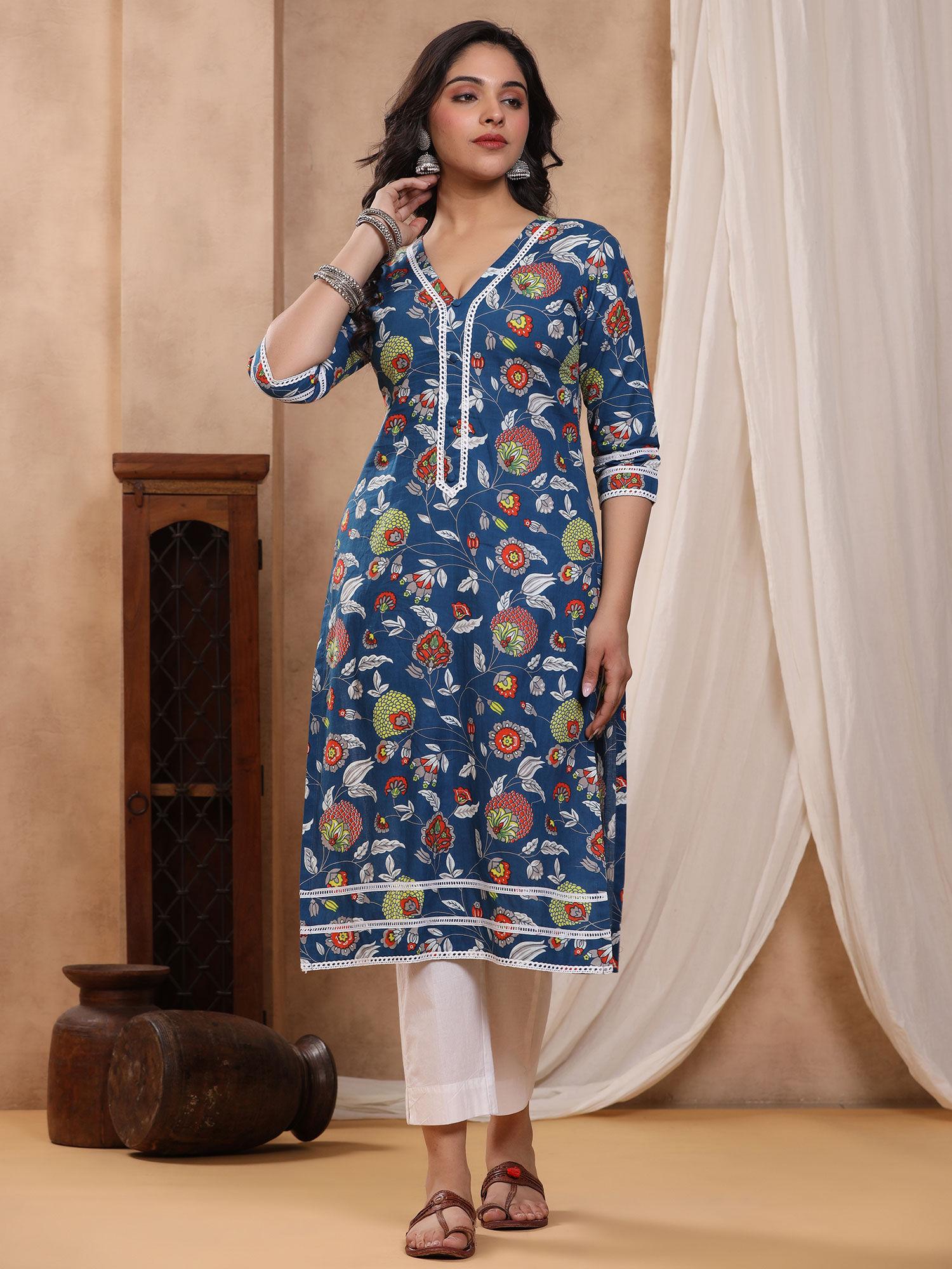 bahaar blue block print kurti with crochet lace