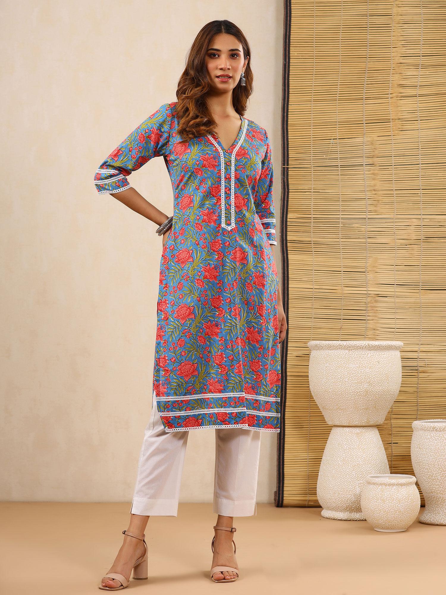 bahaar blue block print kurti with crochet lace