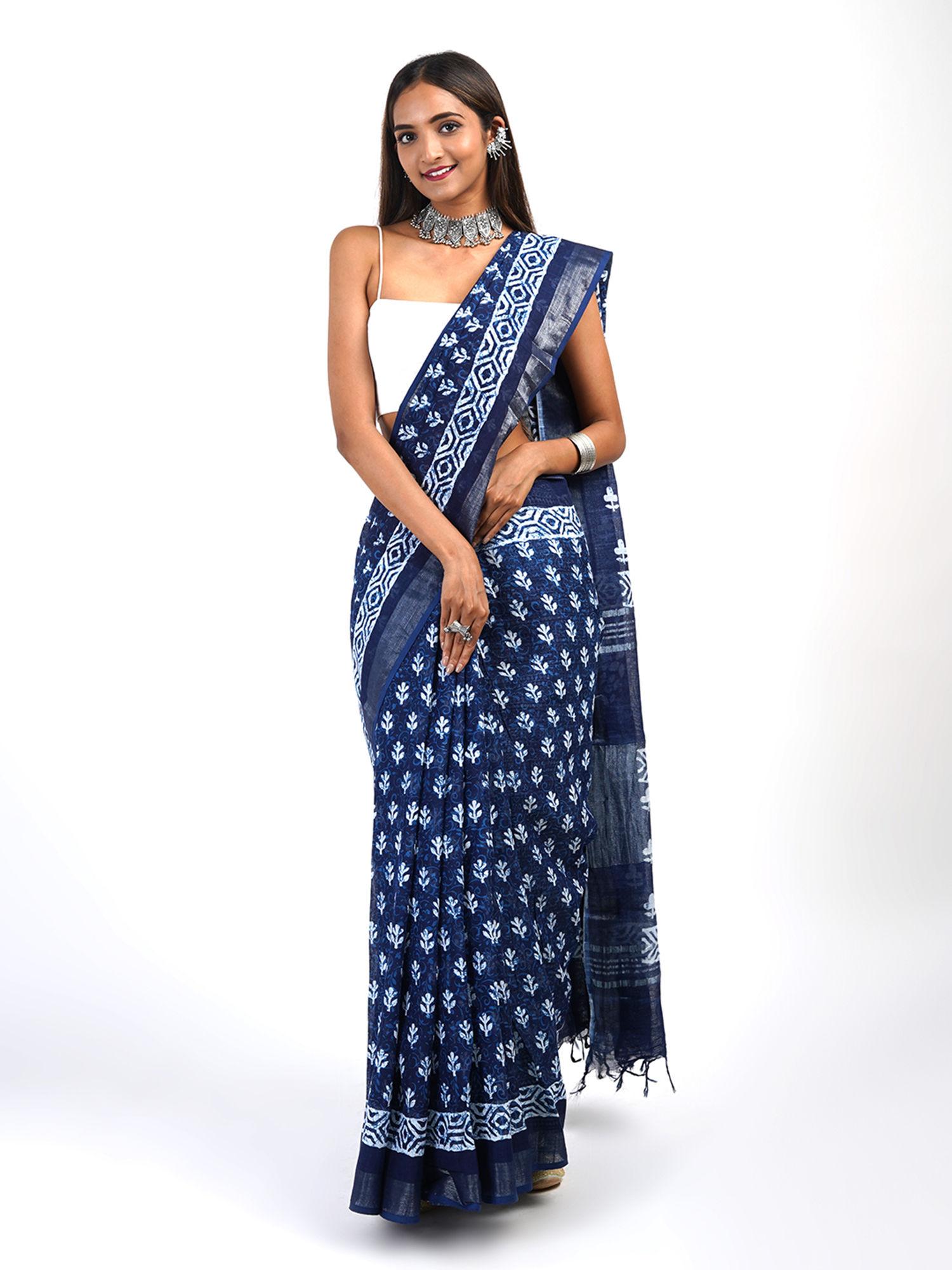 bahaar dark blue block print linen saree with unstitched blouse