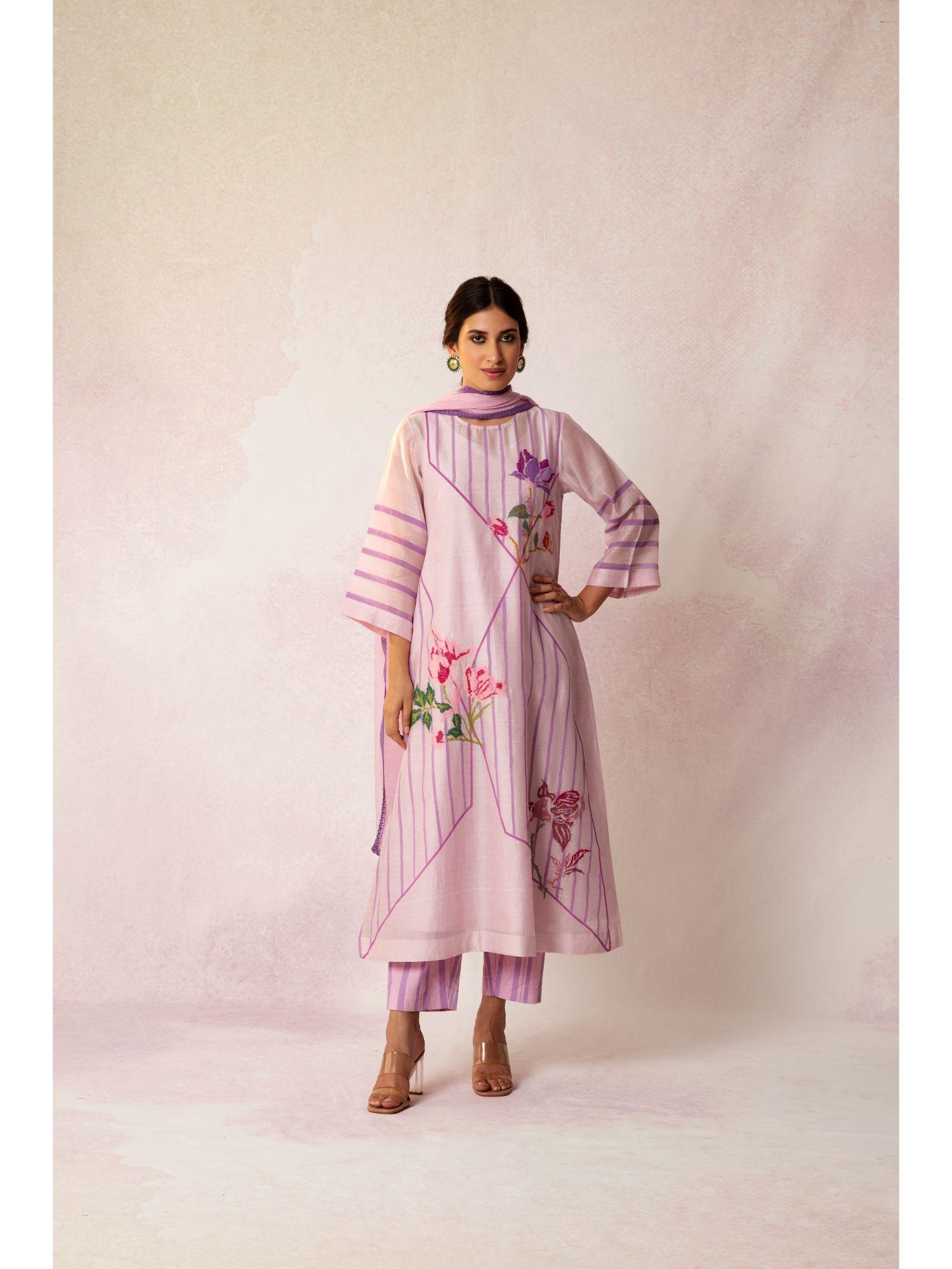 bahaar lavender grid floral embroidery kurta with stripe pant (set of 3)