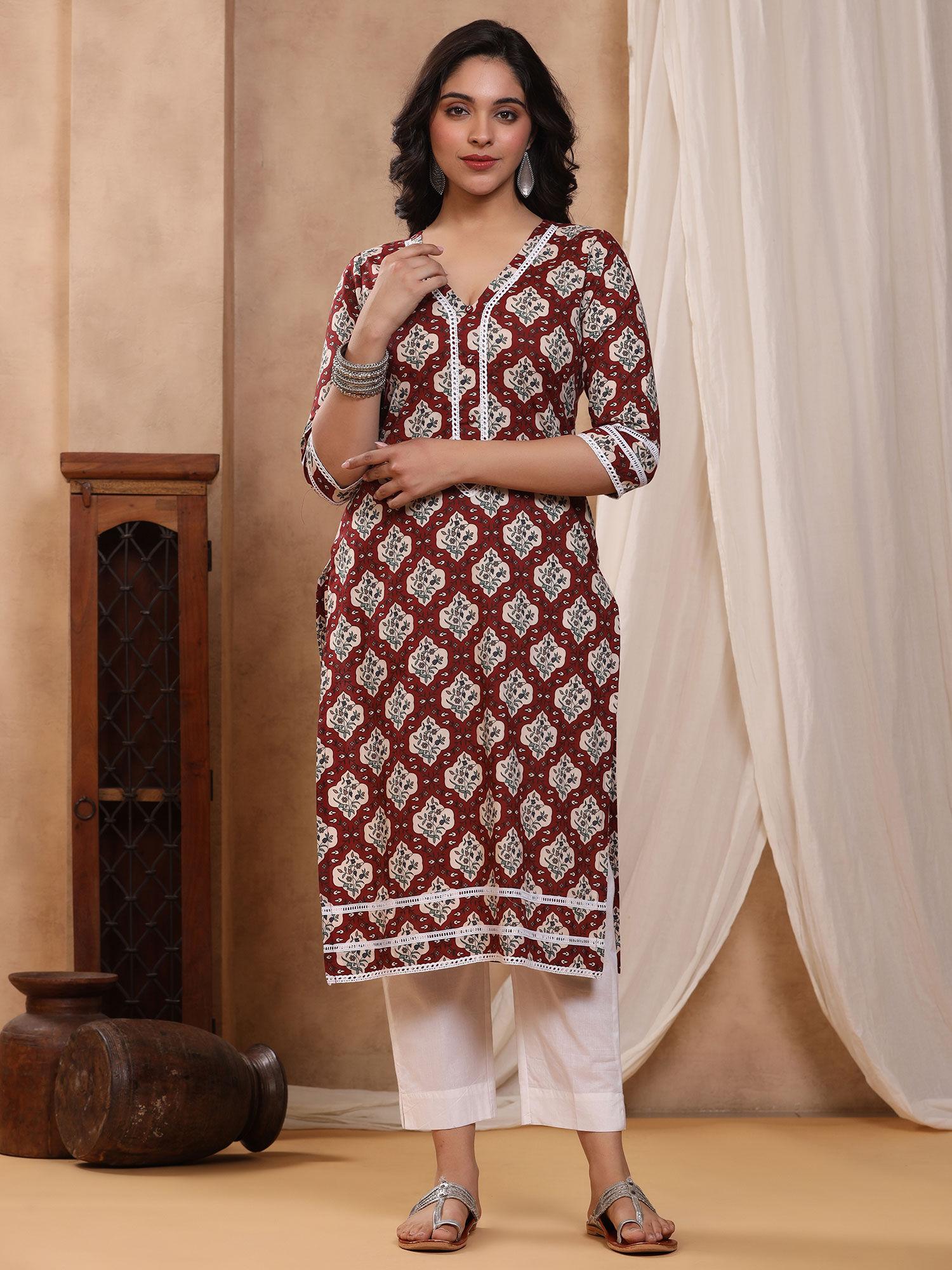 bahaar maroon block print kurti with crochet lace