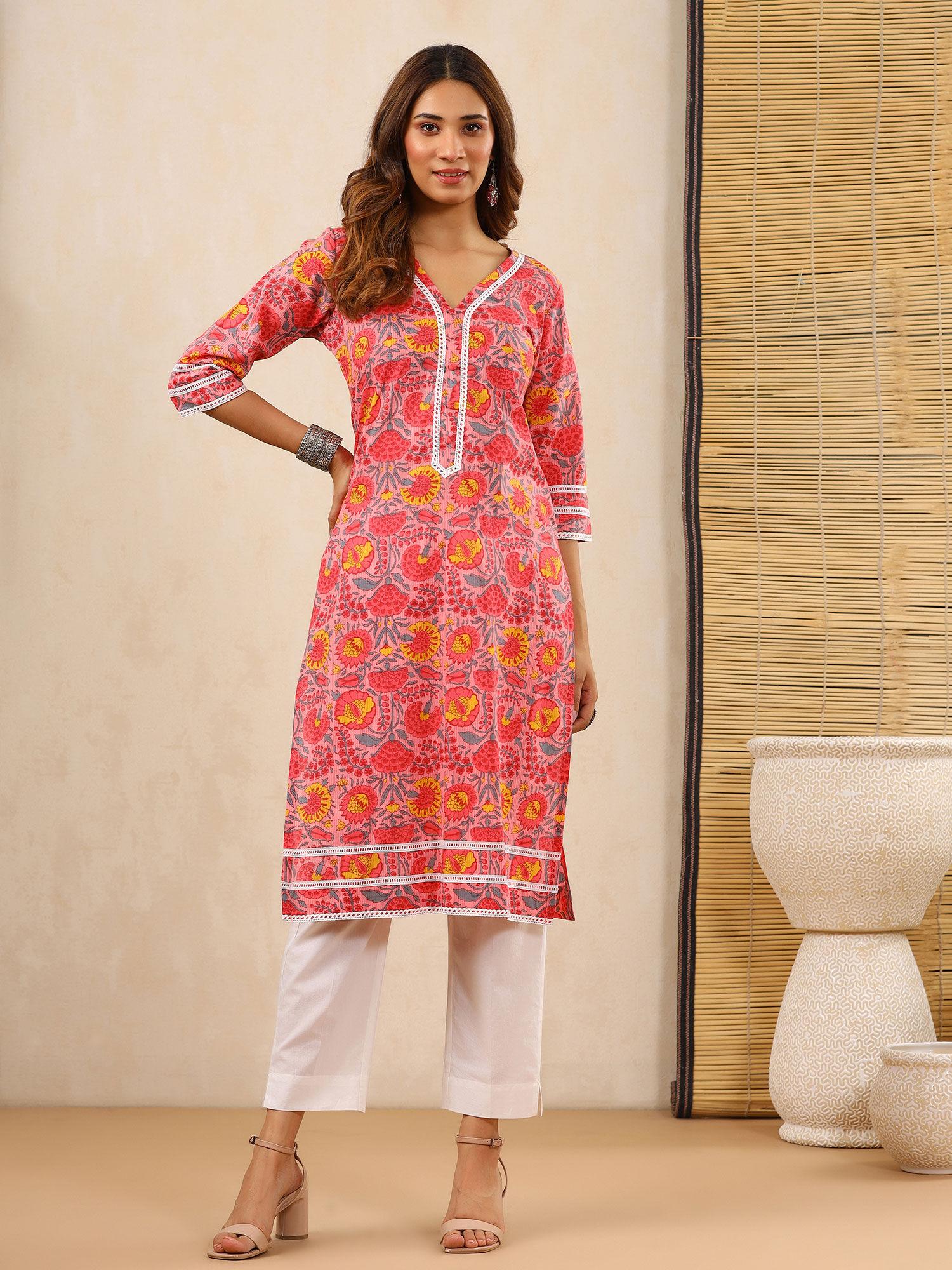 bahaar pink block print kurti with crochet lace