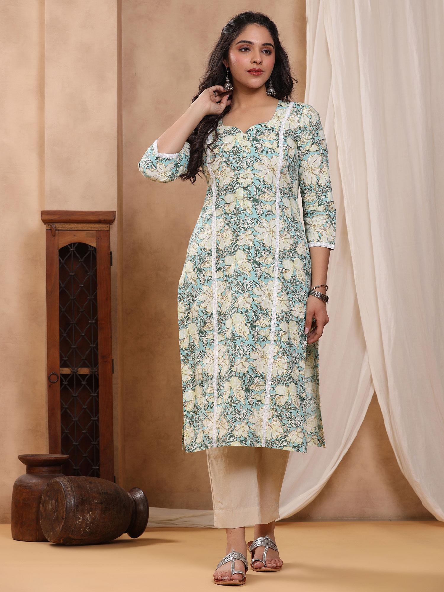 bahaar teal block print kurti with crochet lace