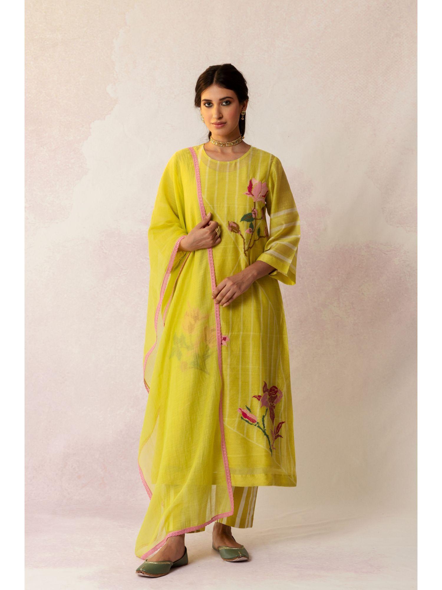 bahaar yellow grid floral embroidery kurta (set of 3)