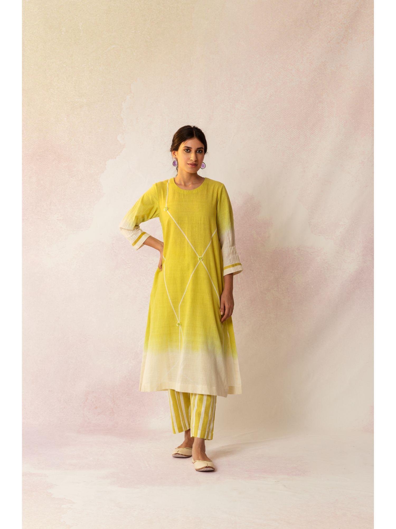 bahaar yellow grid ombre kurta with stripe pants (set of 2)