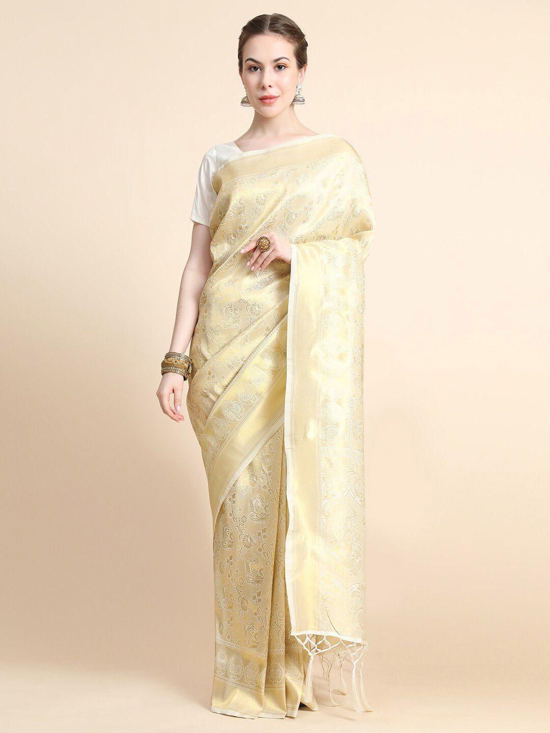 bahuji cream-coloured & gold-toned woven design zari art silk banarasi saree