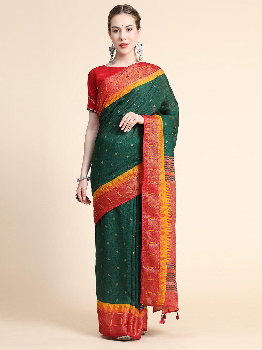 bahuji green & red woven design zari pure georgette paithani saree