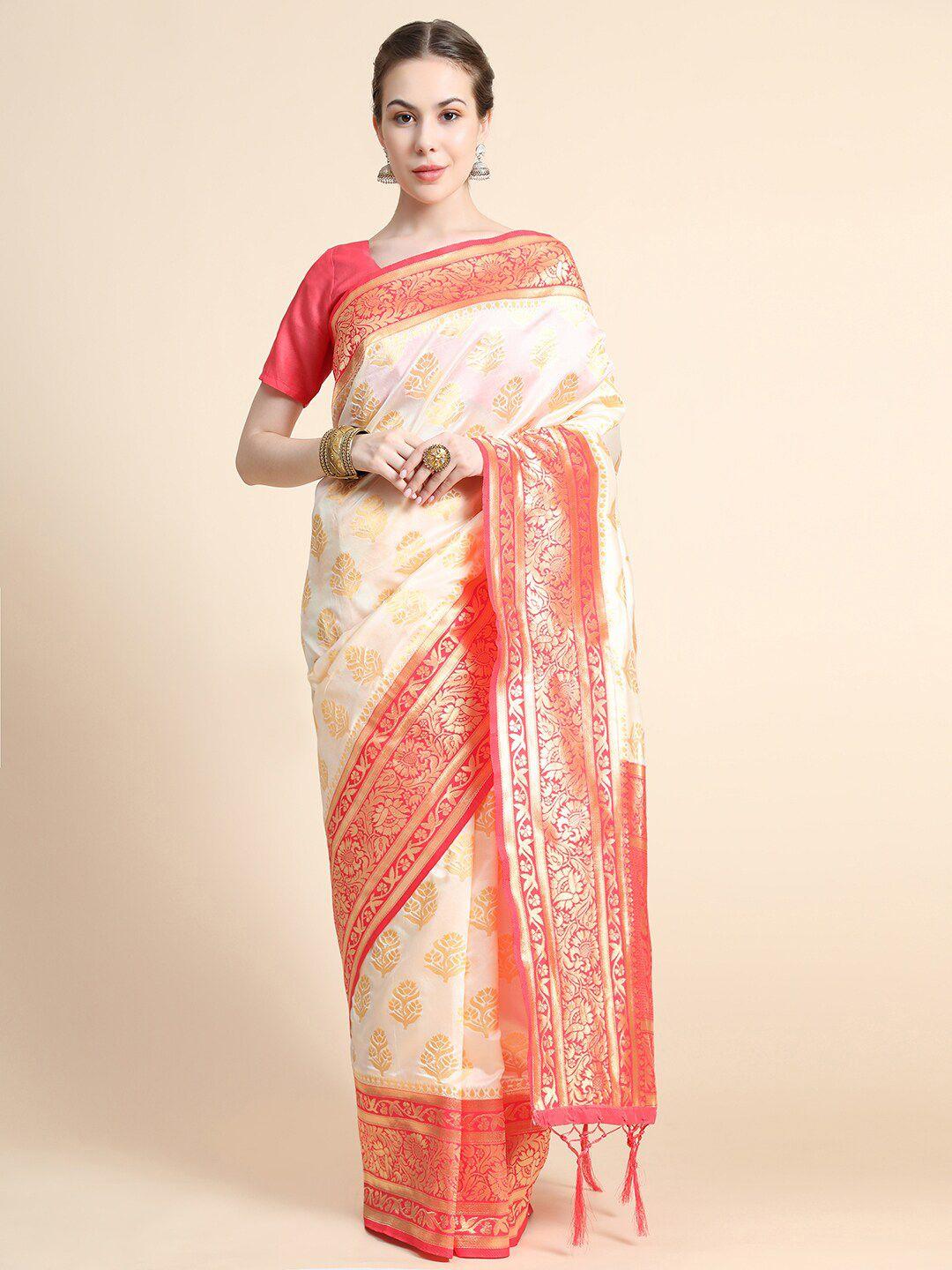 bahuji off- white & red woven design zari art silk banarasi saree