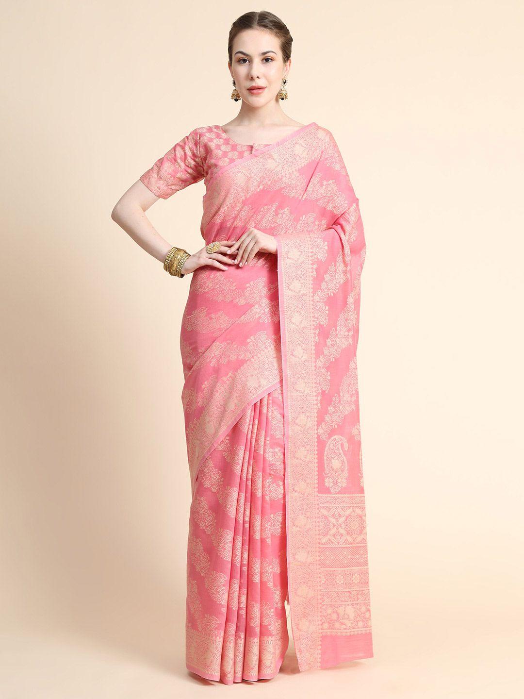 bahuji pink & gold-toned woven design zari art silk banarasi saree