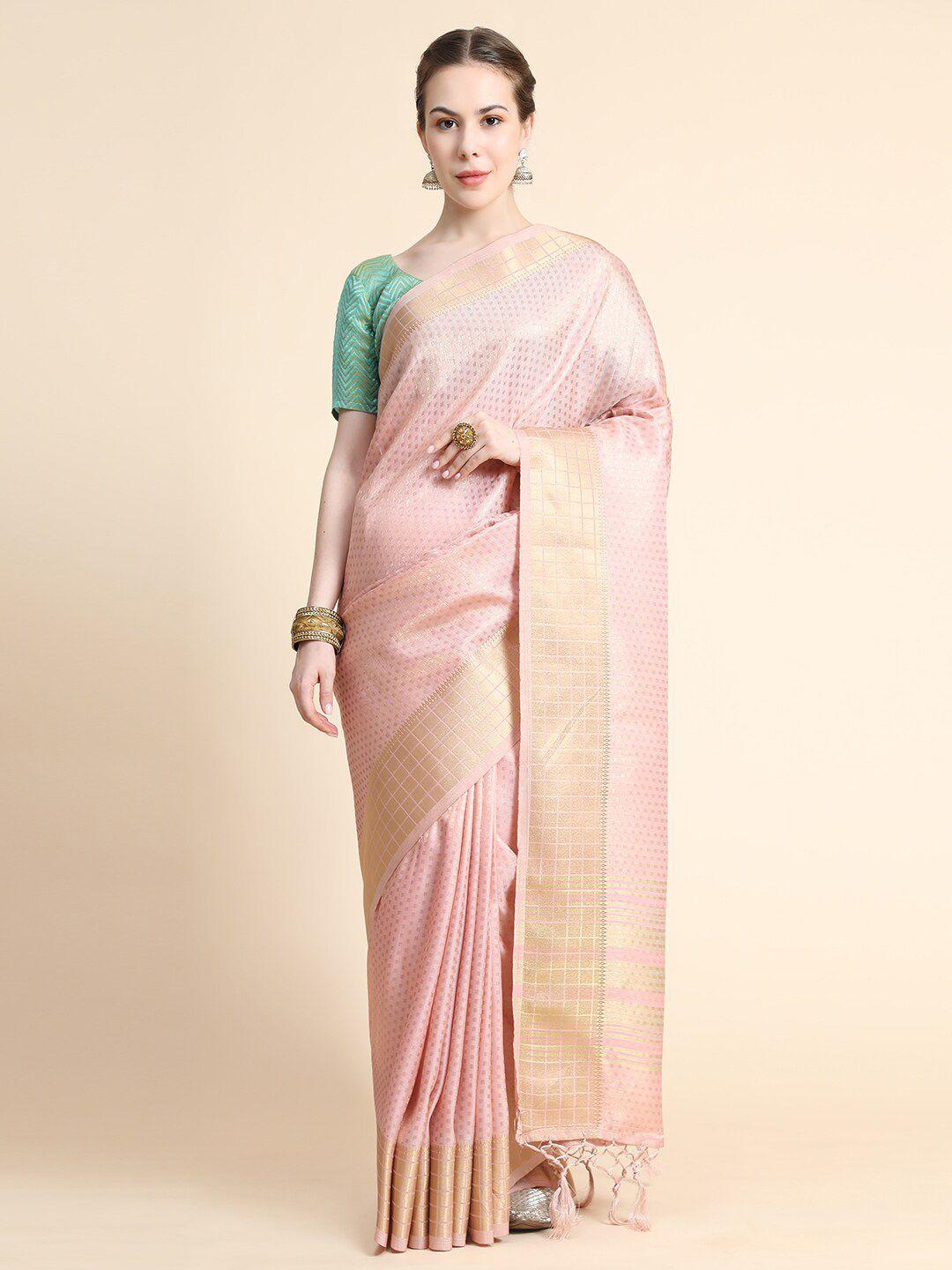 bahuji pink & gold-toned woven design zari art silk banarasi saree