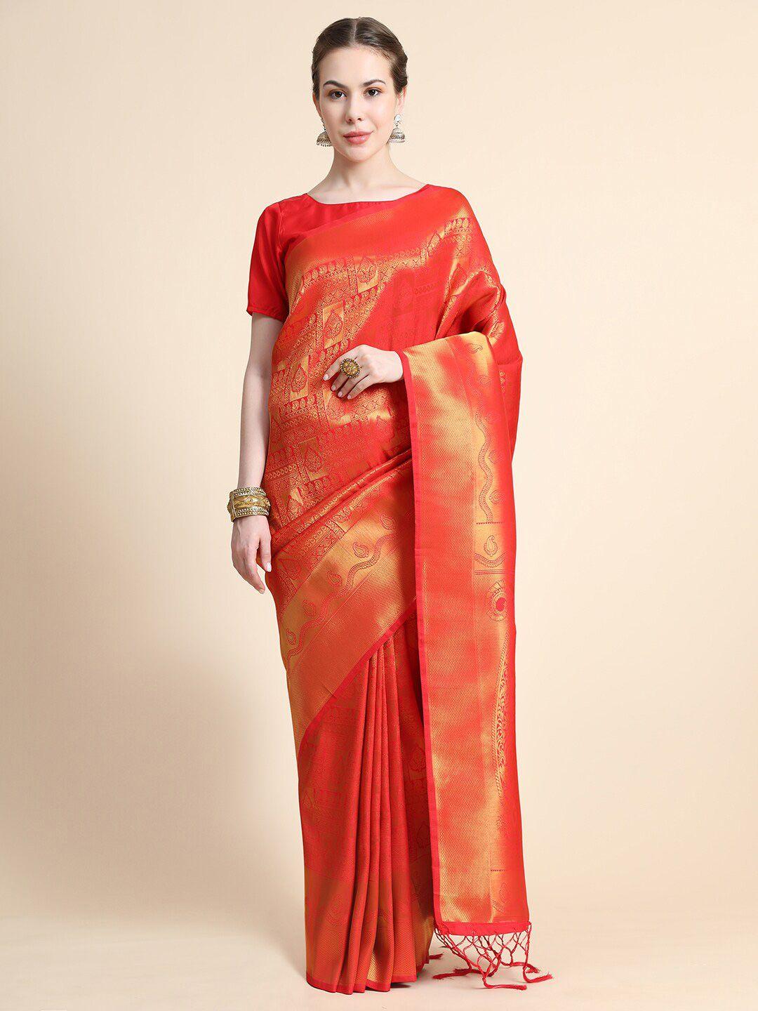 bahuji red & gold-toned woven design zari art silk banarasi saree