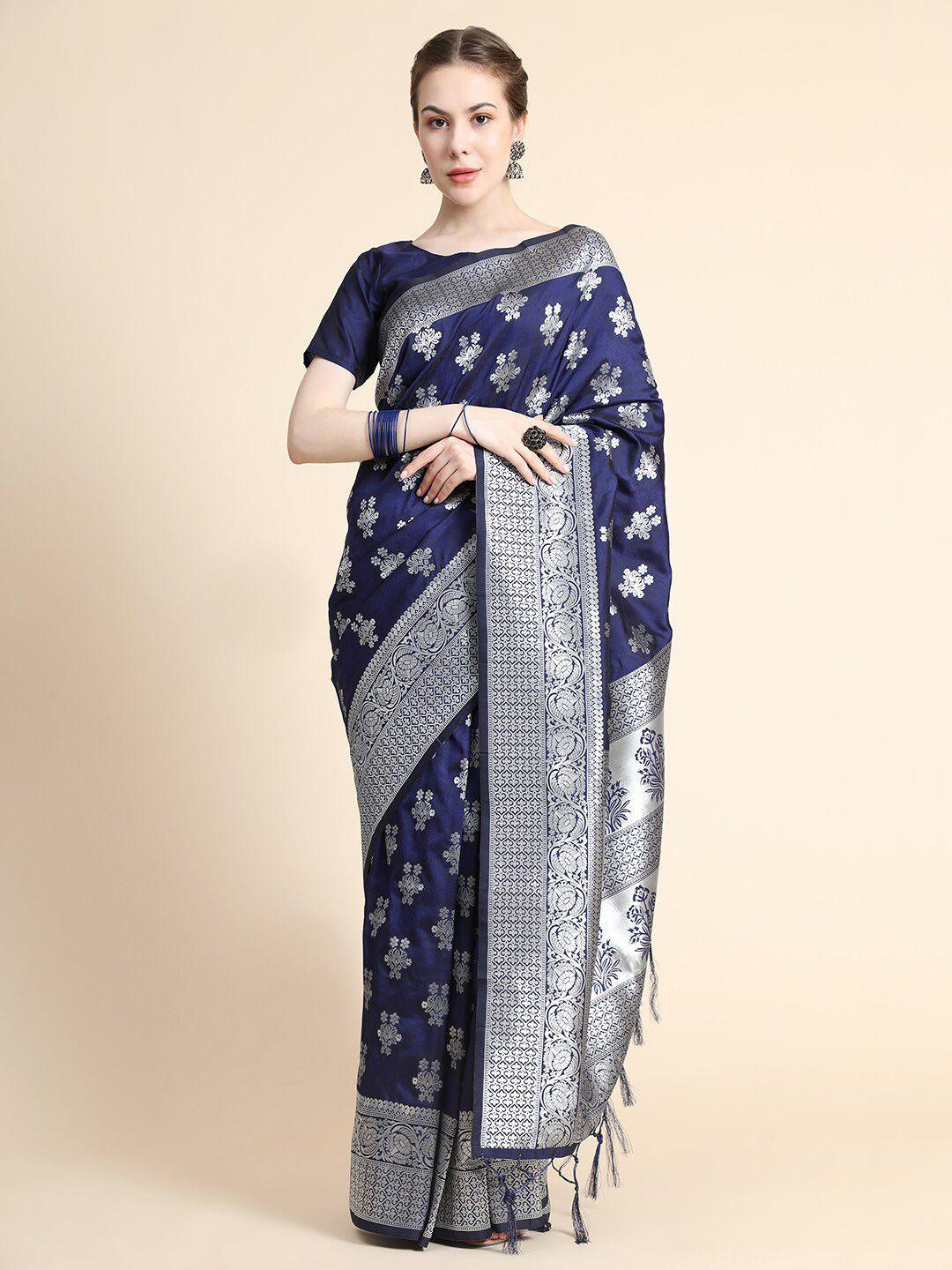 bahuji women blue & silver-toned woven design zari art silk banarasi saree