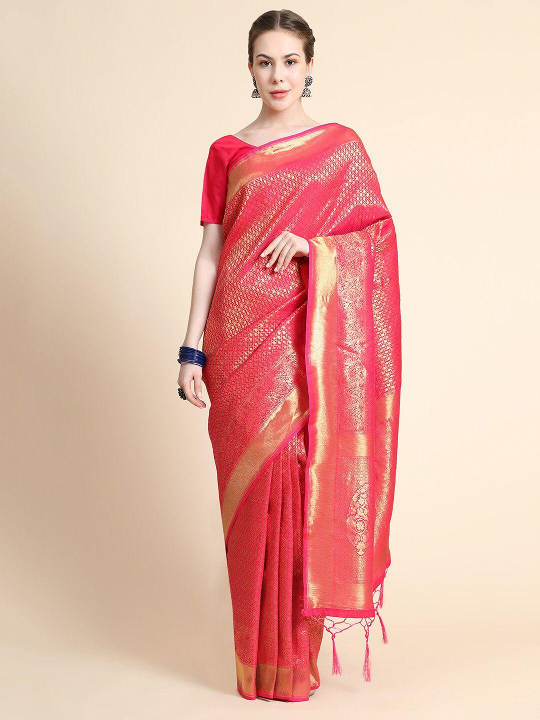 bahuji women pink & gold-toned woven design zari art silk banarasi saree