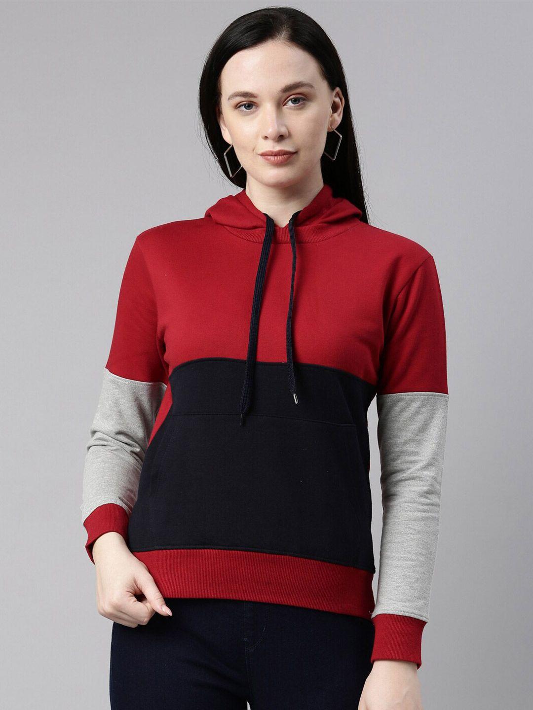 bailey sells women red & navy blue colourblocked hooded pure cotton sweatshirt