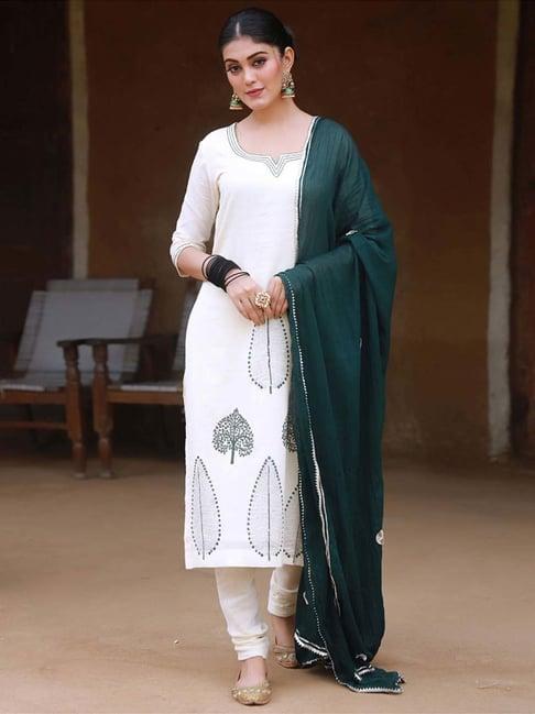 baisacraft beige & deep green mughalkurta with pant and dupatta