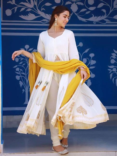baisacraft beige & mustard mughal hand block print cotton anarkali and pant with gota work dupatta