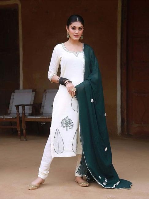baisacraft deep green hand block print cotton kurta suit set with gota work dupatta