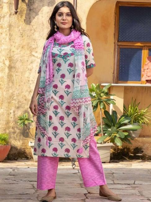 baisacraft off-white & pink kurta with pant and dupatta