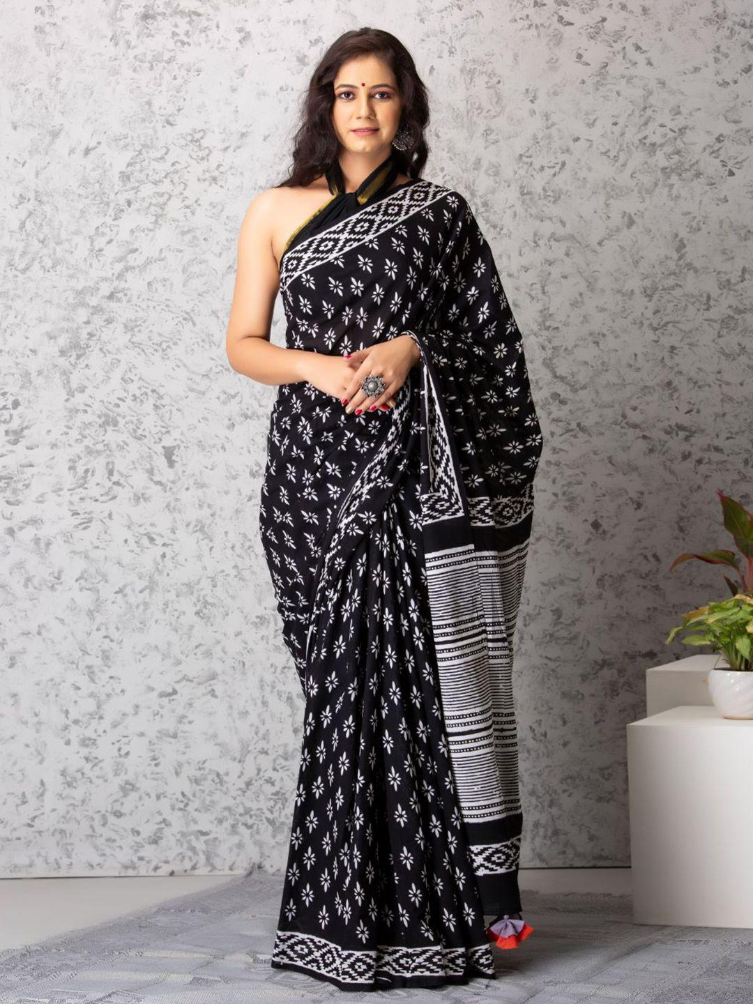 baisacrafts black & white ethnic motifs pure cotton block print saree