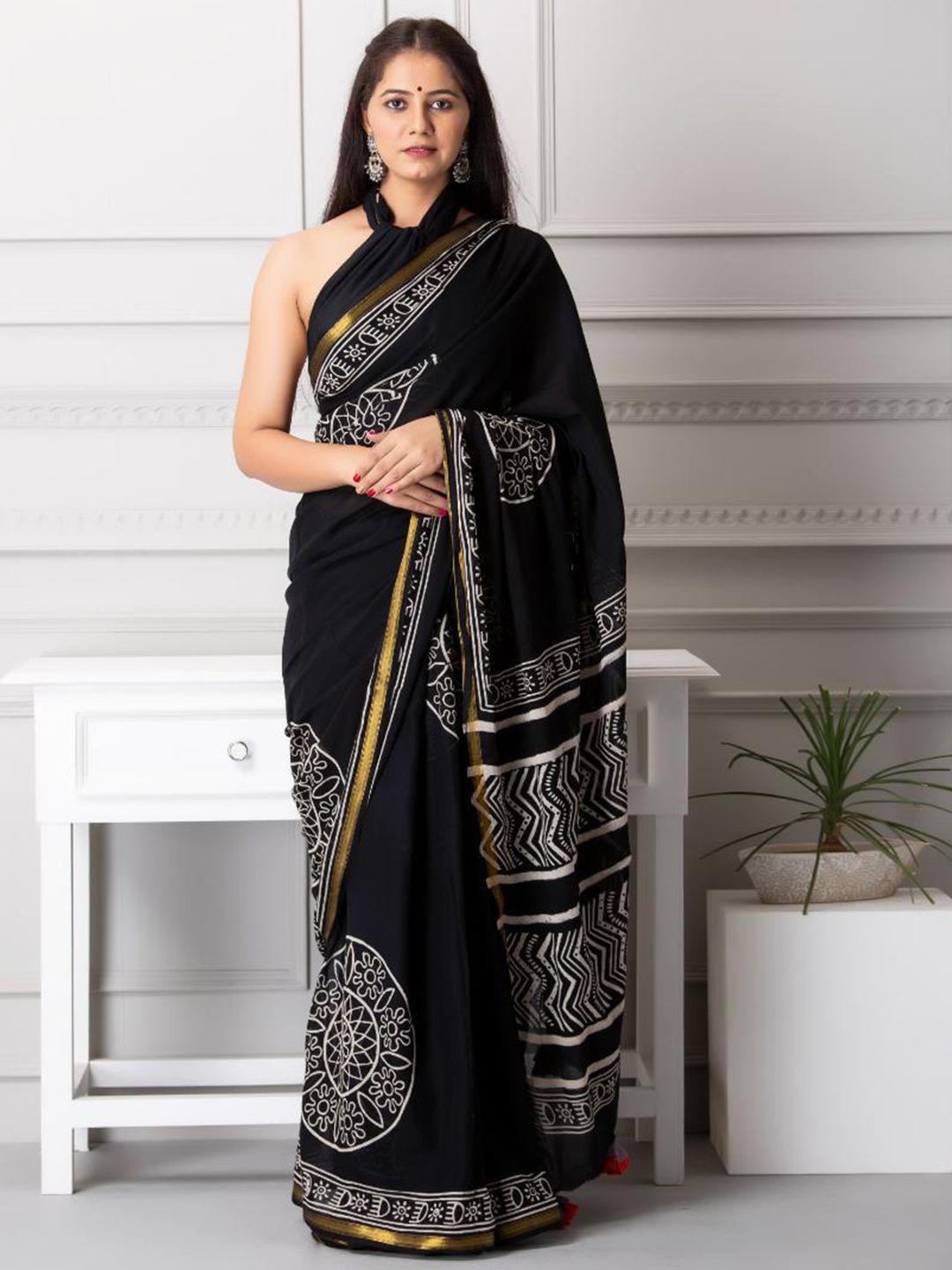 baisacrafts black & white ethnic motifs zari pure cotton block print saree