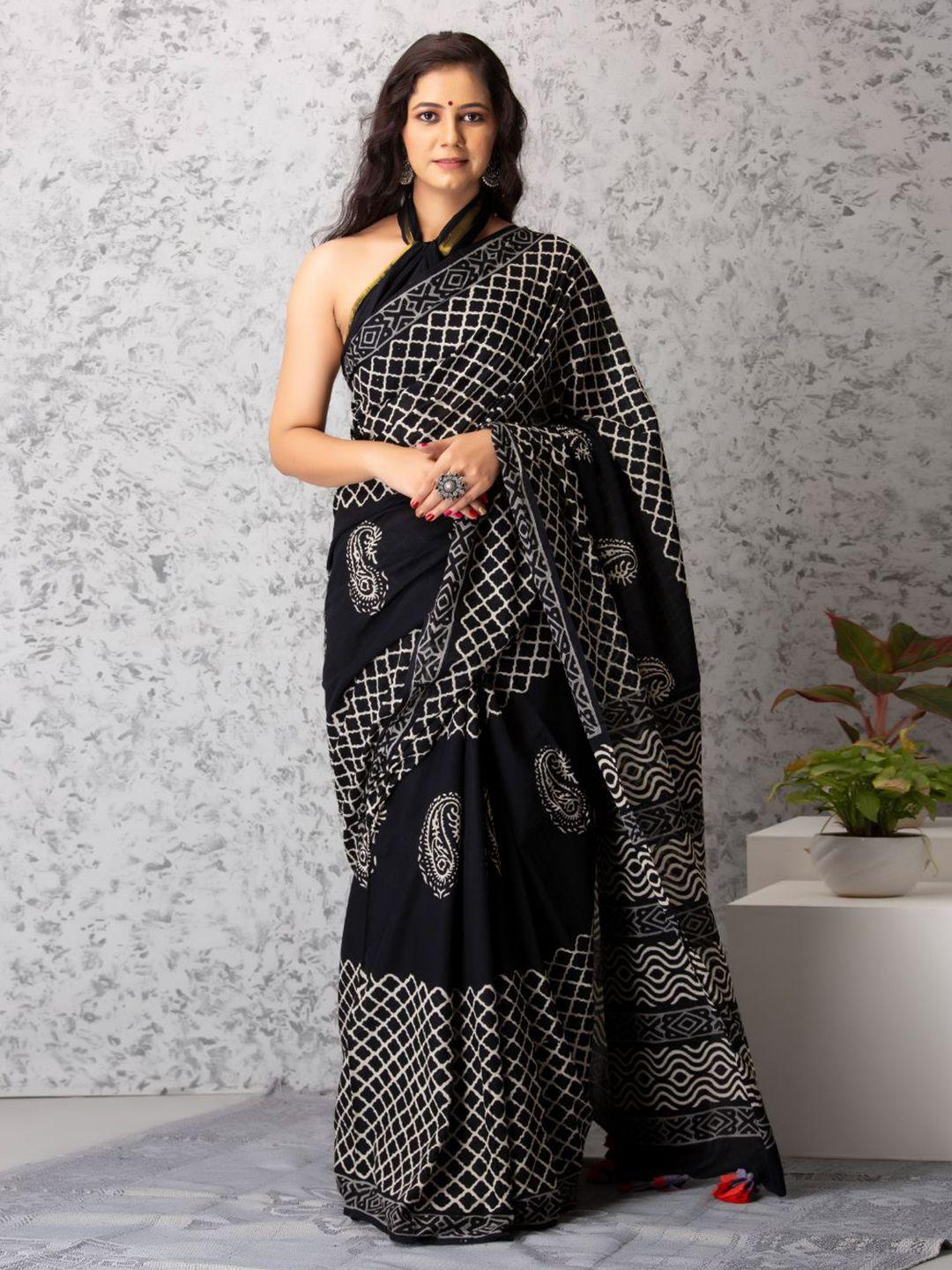 baisacrafts black & white pure cotton block print saree