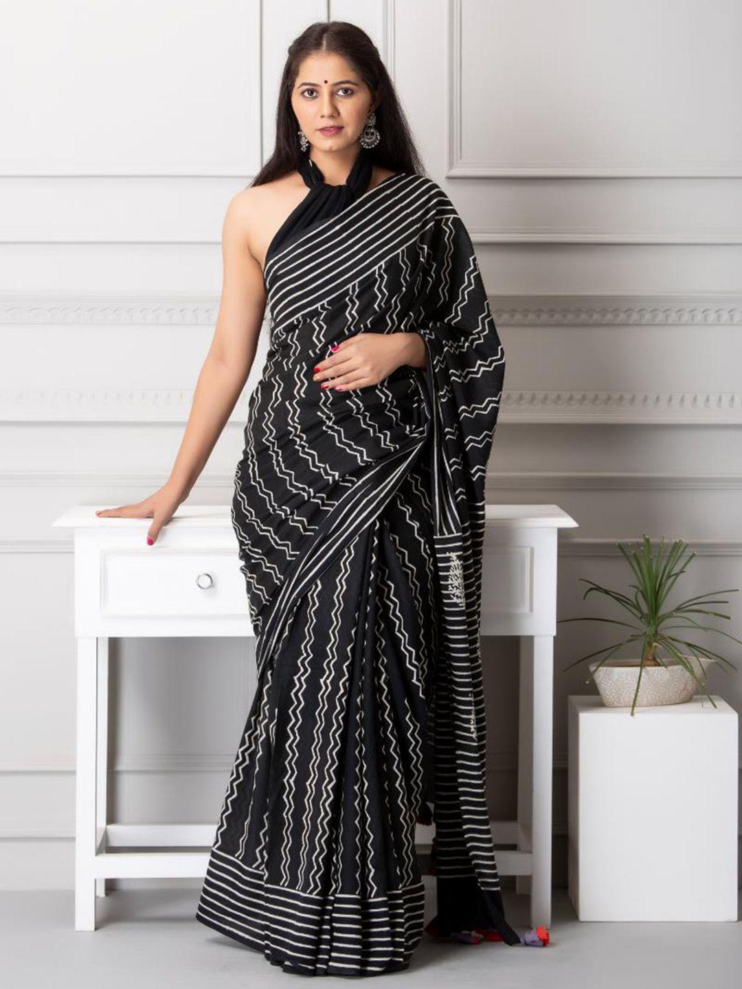 baisacrafts black & white striped pure cotton block print saree