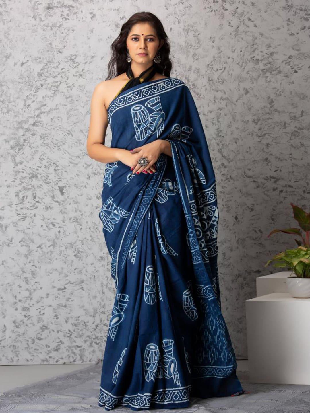 baisacrafts blue & white ethnic motifs pure cotton dabu saree