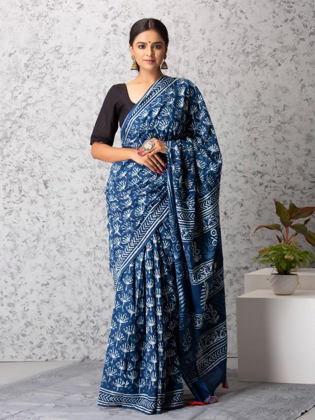 baisacrafts blue & white floral pure cotton dabu saree