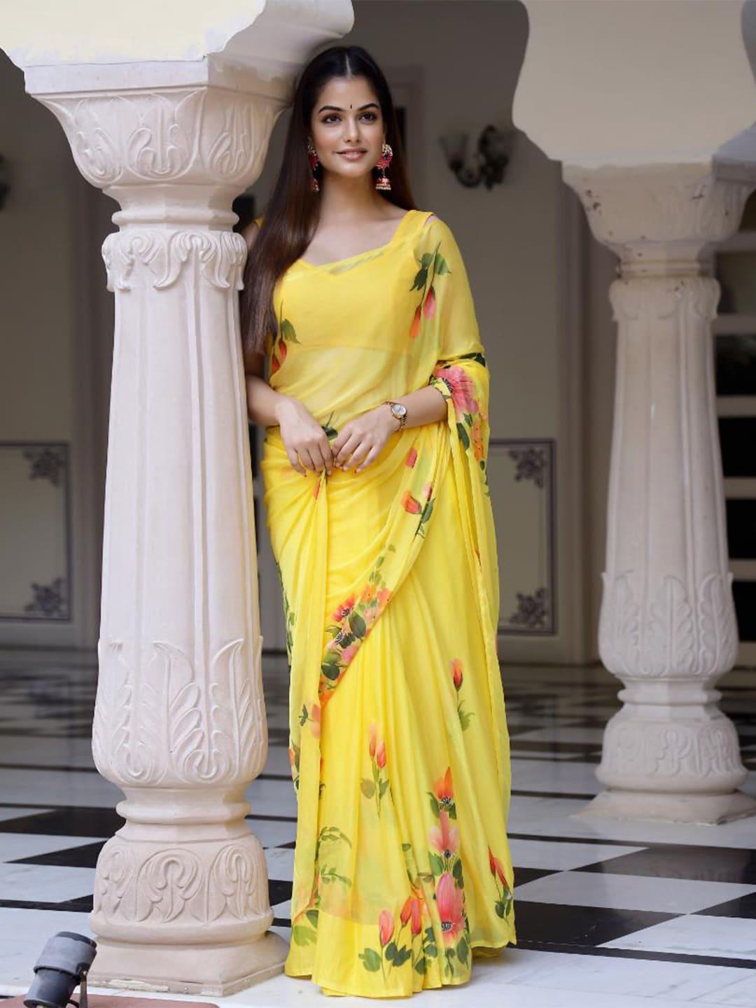 baisacrafts yellow & pink floral pure chiffon saree