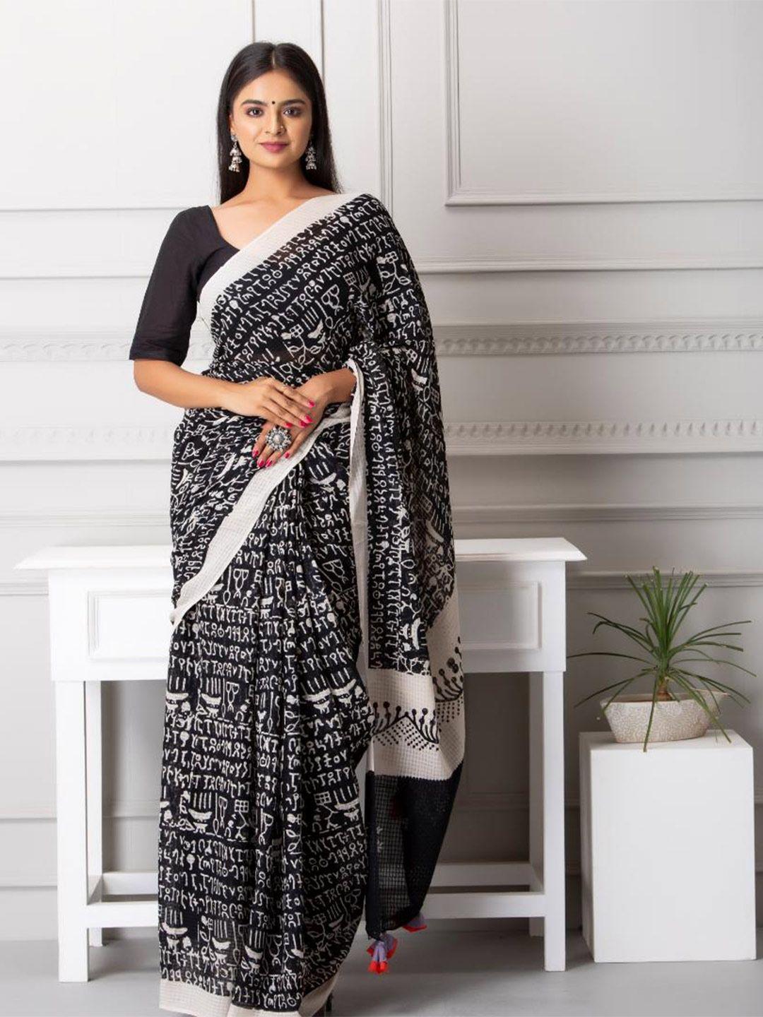 baisacrafts black & white dabu pure cotton block print saree