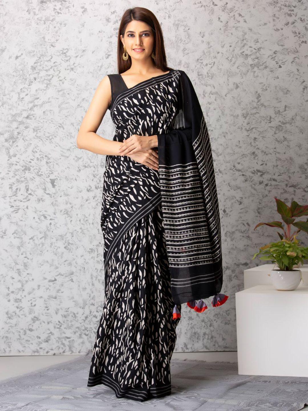 baisacrafts black & white pure cotton block print saree