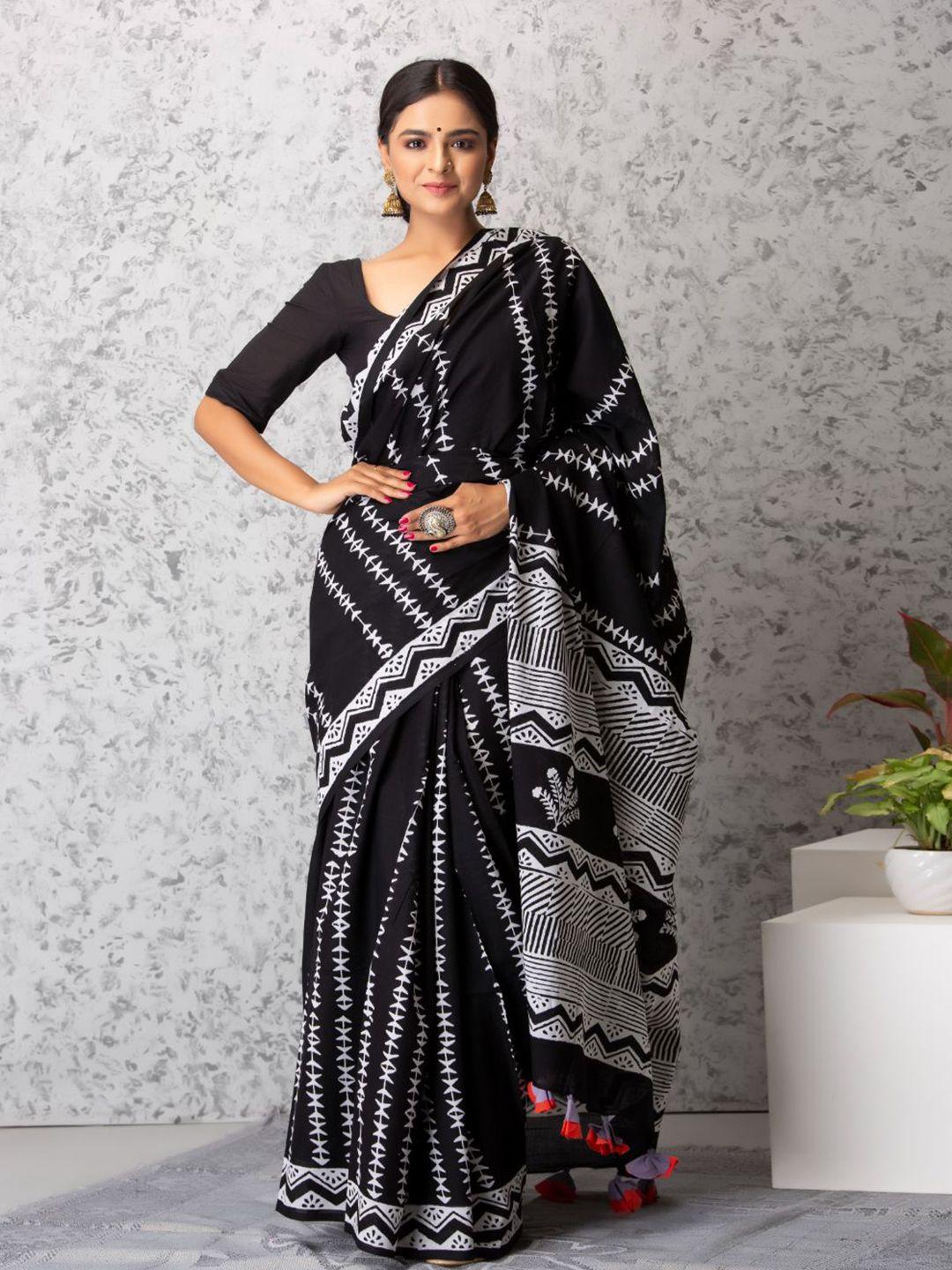 baisacrafts black & white pure cotton block print saree