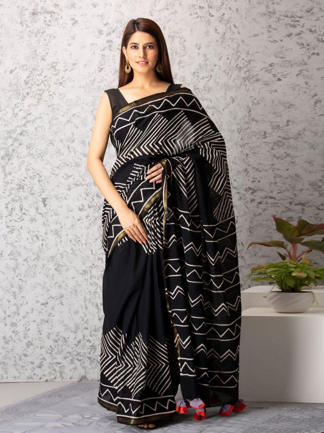 baisacrafts black & white zari pure cotton block print saree with blouse