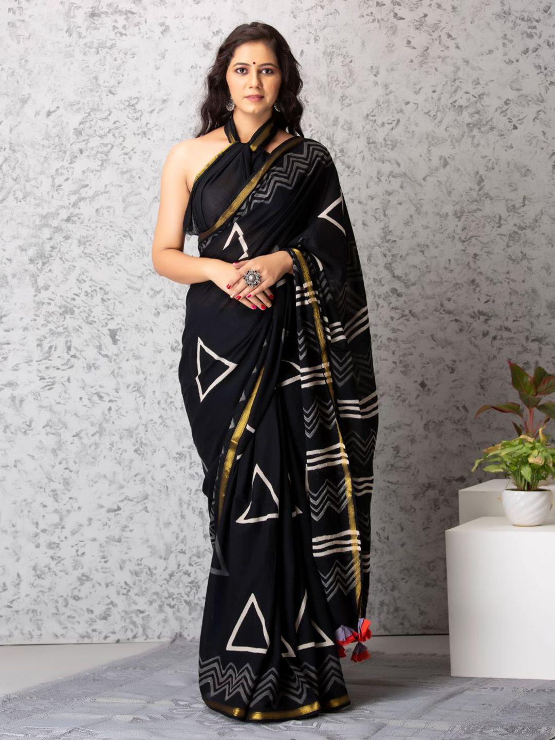 baisacrafts black & white zari pure cotton block print saree