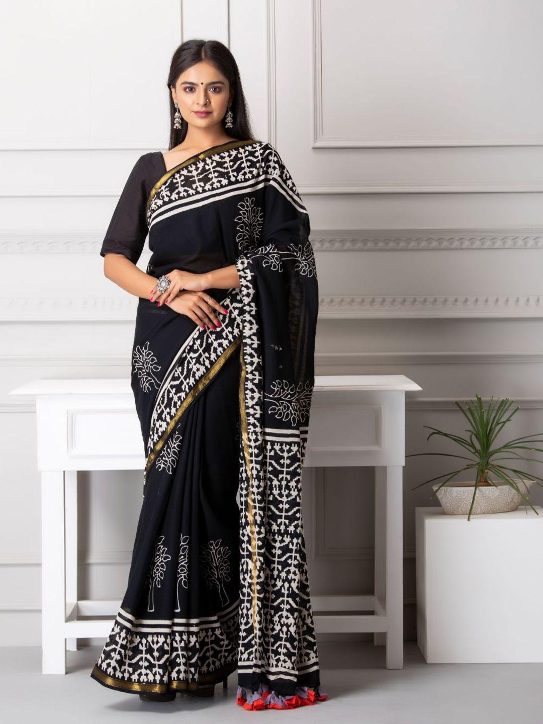 baisacrafts black & white zari pure cotton block print saree