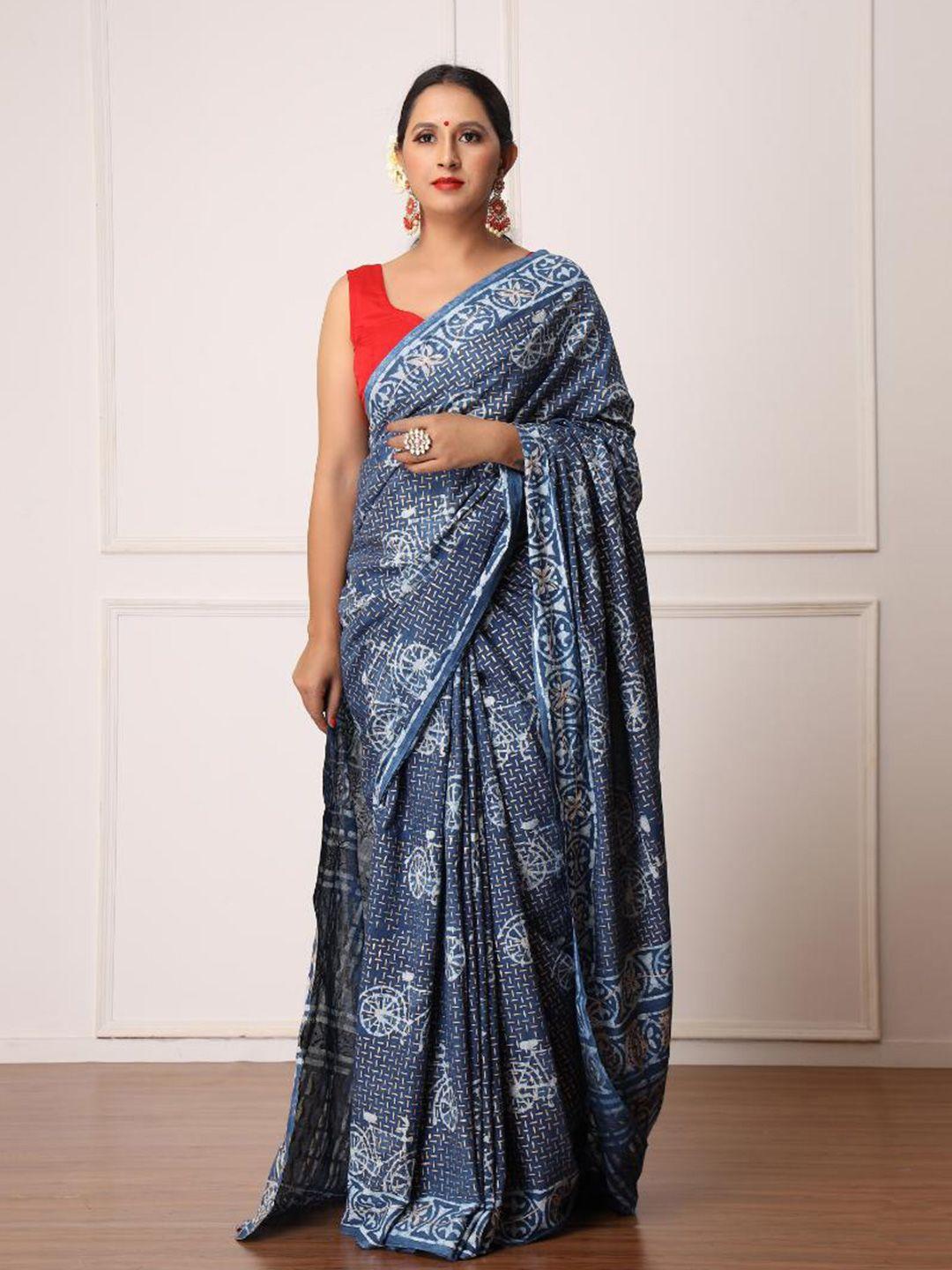 baisacrafts blue & white batik pure cotton dabu saree