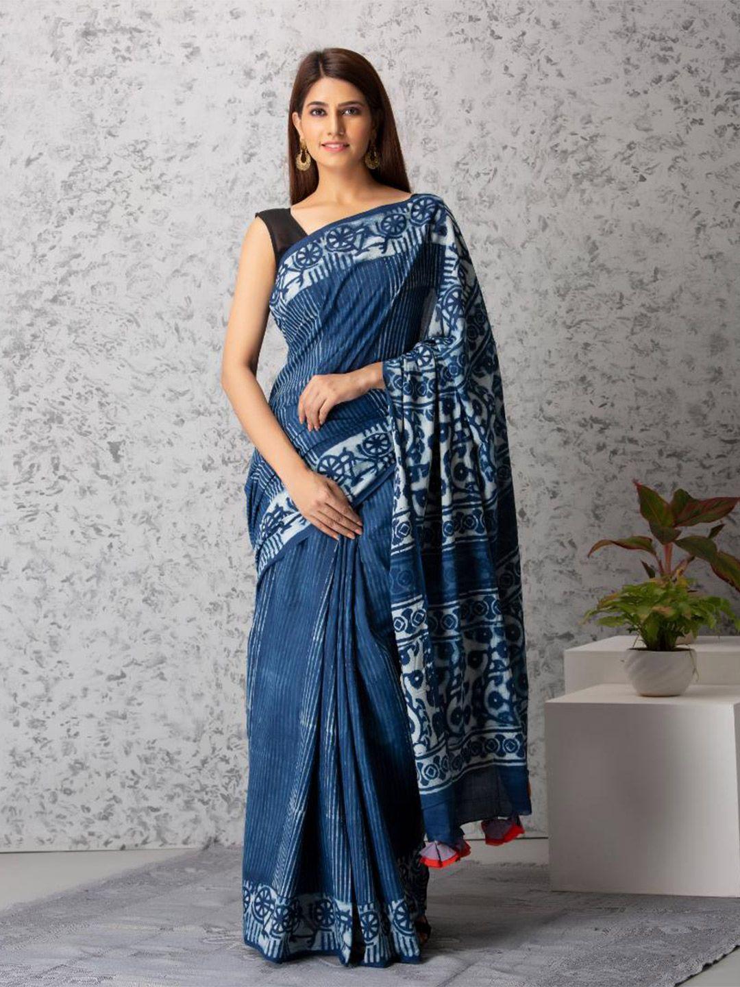 baisacrafts blue & white batik pure cotton dabu saree