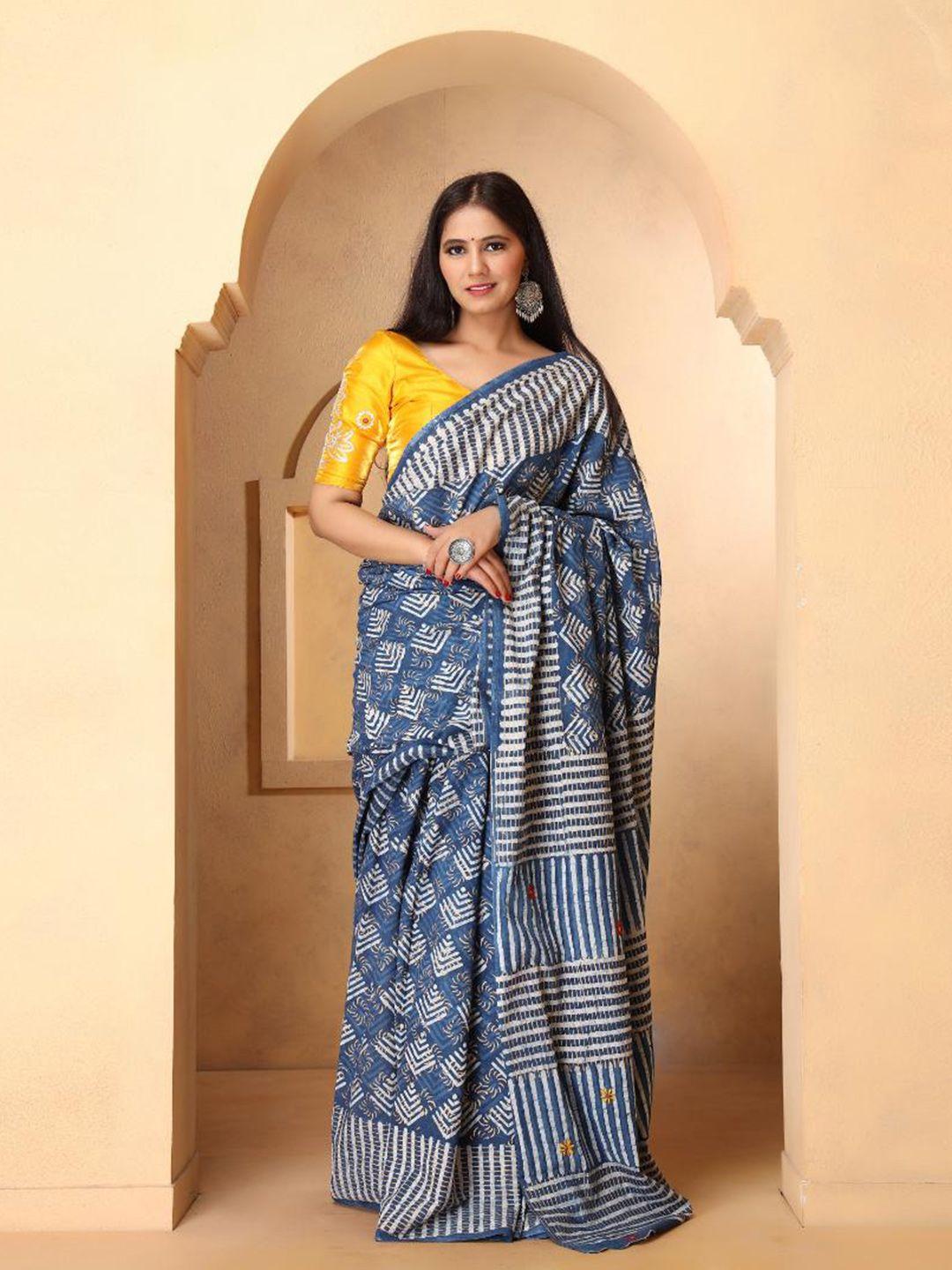 baisacrafts blue & white ethnic motifs pure cotton dabu saree