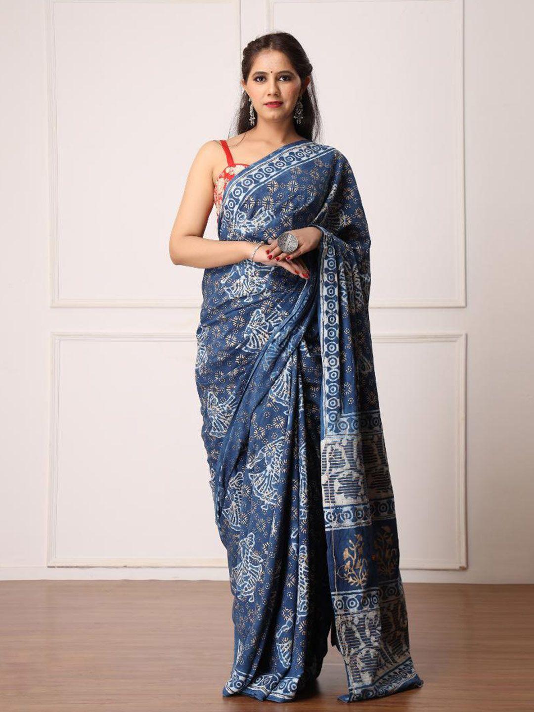 baisacrafts blue & white ethnic motifs pure cotton dabu saree