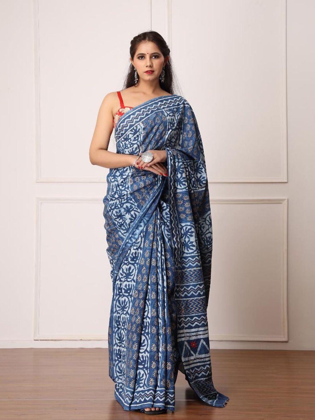 baisacrafts blue & white floral pure cotton dabu saree