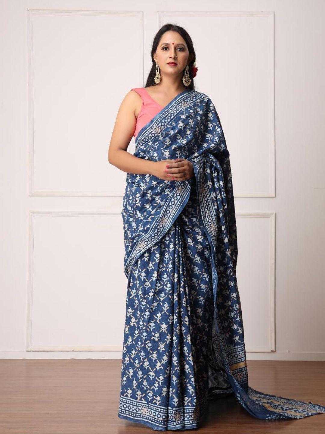 baisacrafts blue & white floral pure cotton half and half dabu saree